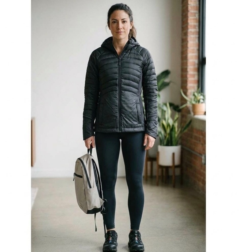 Lululemon Down For It All Jacket Women Size 10 Black Hooded Puffer Running Coat